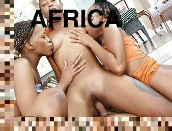 African Sex Trip - Three Hot Ebony Sluts Equally Enjoy Big White Cock
