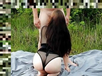 väljas, avalik, amatöör, suhuvõtmine, milf, emme, creampie, ema, brünett