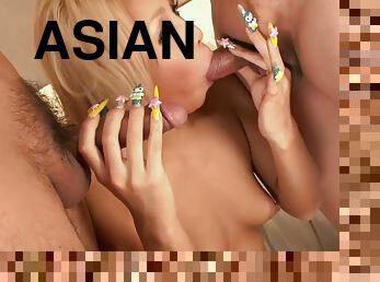 Two Excited Men Share A Gorgeous Blonde Asian Babe