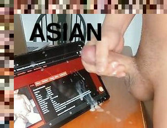 thick cock asian guy cums on a tablet and scrolls the page with his semen  Ethan Ki