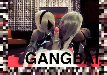 NieR:Automata: 2B, A2 & 9S threesome gangbang, double blowjob + creampie [3D hentai animation]