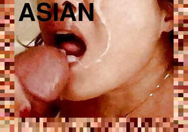 asiatique, femme, amateur, fellation, ejaculation-sur-le-corps, énorme-bite, sur-le-visage, ejaculation, bite