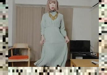 Cute Japanese Crossdresser 22, dancing and cumshot happily in a long dress.