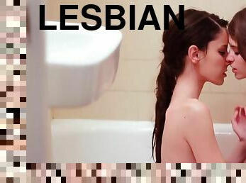 mandi, payudara-besar, lesbian-lesbian, mandi-shower, hotel, berambut-cokelat