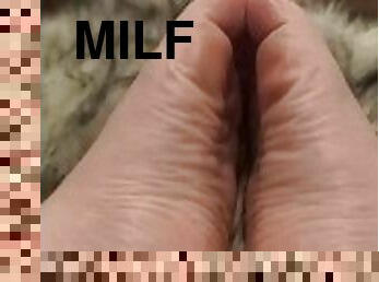 amatör, mogen, milf, bbw, knubbig, fötter, fetisch, close-up, vit, ben