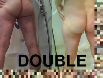 Double webcam live shower show...clean shave glasdildo eat cum inside view