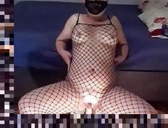 Exhibitionist in fishnet catsuit, front and reverse doggystyle