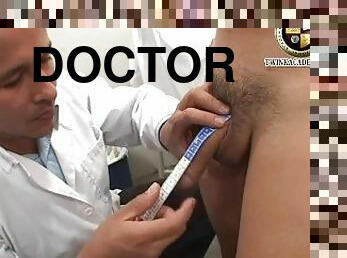 The campus doctor measures the Latino boy's uncut cock