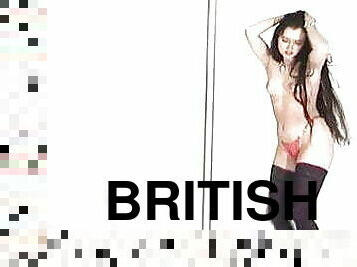 stripping, strømper-stockings, britisk, vakker, brunette, erting