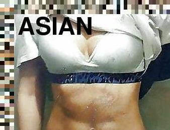 asiatique, orgasme, sport, ejaculation-sur-le-corps, branlette, ejaculation, musclé, soutien-gorge