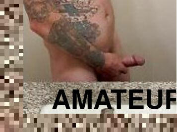 masturbation, amatör, gigantisk-kuk, ensam, tatuering, kuk