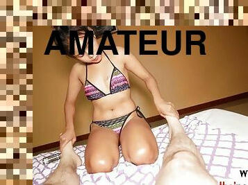 Thai amateur prostitute with cute face Fong fucks hard euro cock