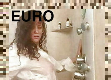 baden, groß-titten, europäische, blondine, euro, dusche