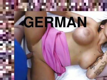 german blonde big tits babe threesome with cum swallow