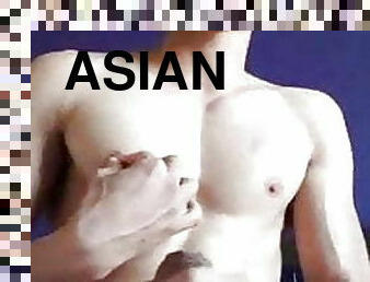asiático, masturbação, mamilos, pénis-grande, gay, gozando, musculado