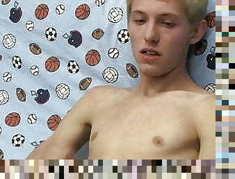 Interviewed blonde twink Kenny Monroe wanking off and cums