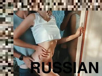 hundestilling, russisk, mager, skønheder, upskirt, kyssende, sød, brunette