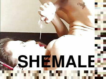 Blond Shemale Cums in her own Mouth