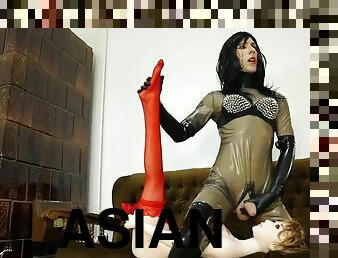 asiatisk, shemale, gigantisk-kuk, latex