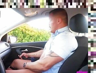 Muscle daddy blown in his car