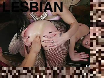 Brunette gets her ass cleaned in lesbian trio while playing with her