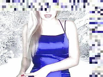 Blonde youtuber in glossy satin prom dress