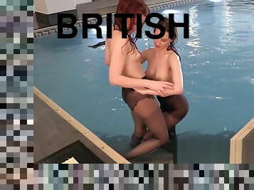 lesben, briten, schwimmbad, fetisch, neckend