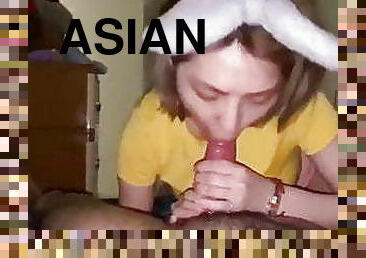 asiatisk, gigantisk, fru, avsugning, cumshot, gigantisk-kuk, hemmagjord, avrunkning, creampie, kuk