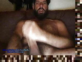 Hairy chest big beard daddy stroking off his huge cock