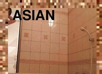 asiatisk, bad, hårig, japansk, kamera, spion, voyeur, dusch, brunett, gömd
