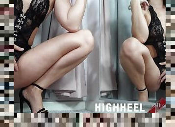 SEXY SHEER LINGERIE MIRROR SQUAT IN BLACK FETISH HIGH HEELS