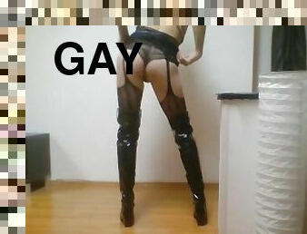 gay, bas, culotte, bottes, cuir, taquinerie