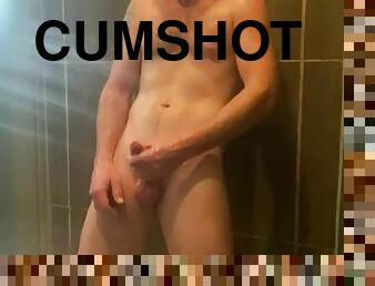 cumshot, gigantisk-kuk, gay, avrunkning, dusch, ensam, muskulös, gym, kuk