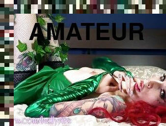 Amateur cosplay Poison Ivy tease you with buttplug shaking ass wet pussy and long pierced tongue