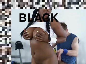 Black ass babe in the gym fucks with a personal instructor