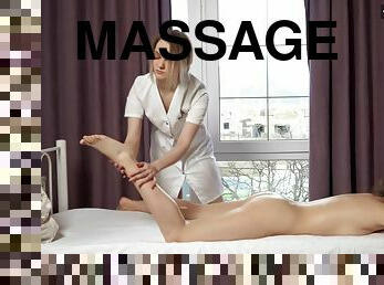 Sexy Blonde Masseuse Massages Innocent Teen Vera