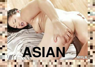 asiatisk, gigantisk-kuk, blandade-raser, avrunkning, massage, piercad, brunett