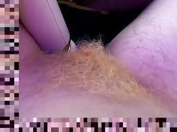 Horny teen vibrates her tight hairy pussy