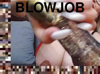 sexy blonde big tits hand job and licking big toy