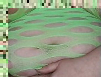 BBW fucks herself with Vibrator in Green Body stocking