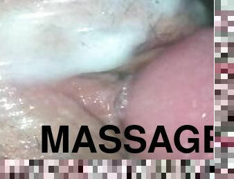 Close-up He massages my pussy with his cock and comes in my panties