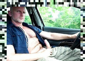 beefy hairy daddy flashing and splashing while driving car