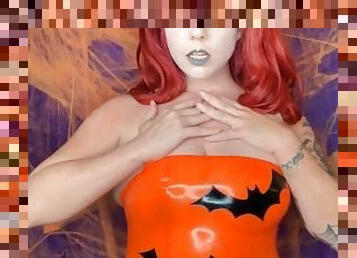 amateur, rousse, petite-amie, fétiche, latex, solo, goth, halloween, caoutchouc, taquinerie