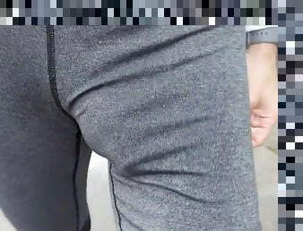 Rainy run in spandex. Watch daddy ride around and show off my bulging dick print in the rain