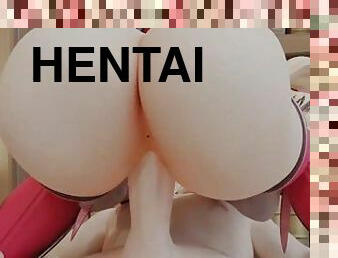 gros-nichons, japonais, butin, hentai, chevauchement, seins, blanc