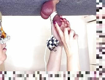 Mistress plays with the slave's dick and hangs weights on him EasyCBTGirl