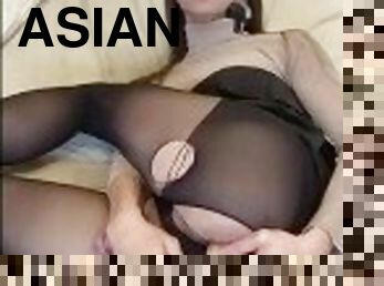 asiatisk, masturbation, strumpbyxor, shemale, cumshot, tonåring, ladyboy, juckande, sprut, kåt