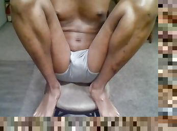 Trying to touch my toes, showing off my feet and legs, then jerkin' off ^_^