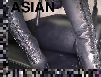asiatisk, bdsm, slave, fødder, synsvinkel, ridning, dominans, brunette, femidom, drillende