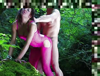 Hot Brunette In Pink Fishnet Anal Fucked In The Woods P2